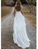 Plunging Neck Ivory Lace Tulle Slit Romantic Wedding Dress
